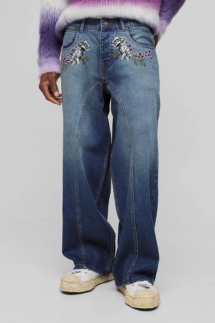 Baggy Rigid Floral Embroidered Panelled Jeans | boohooMAN USA Baggy Rigid Floral Embroidered Panelled Jeans | boohooMAN USA